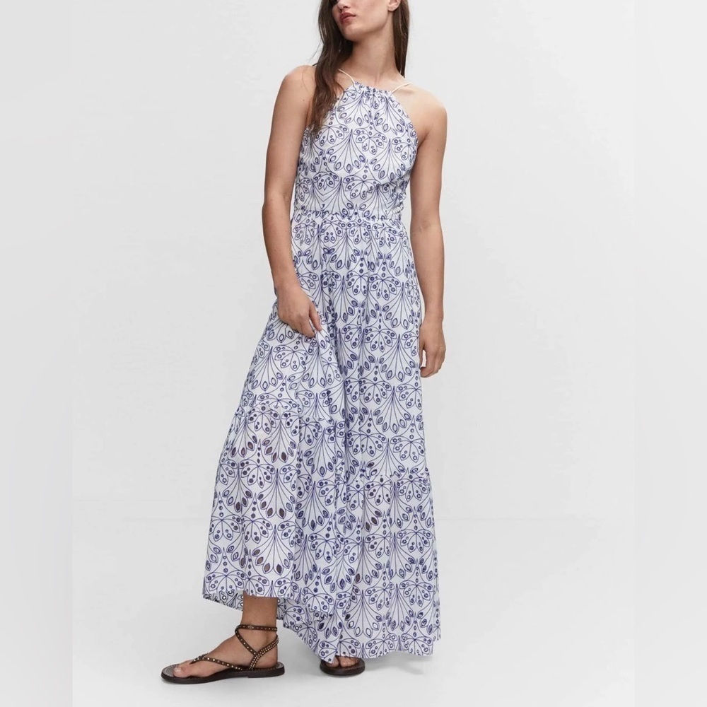 NWT MANGO Roslinda Eyelet Embroidered Halter‎ Neck Maxi Dress